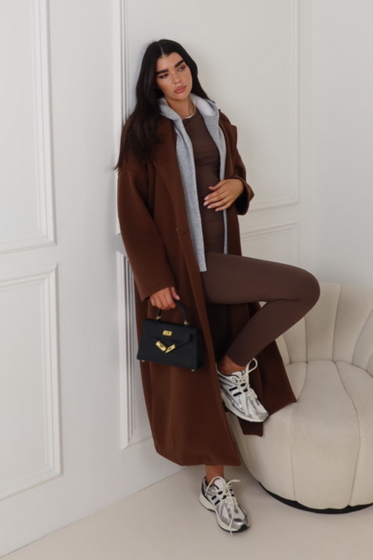 Vanessa chocolate hooded long knitted trench coat