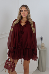 BELLA BURGUNDY RUFFLE CHIFFON MINI DRESS