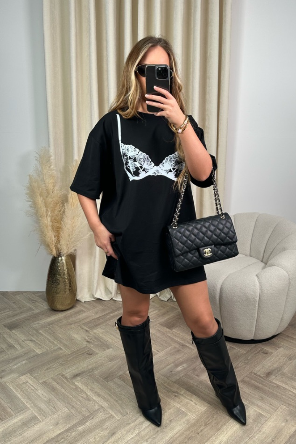 Lace bra black printed T-shirt dress