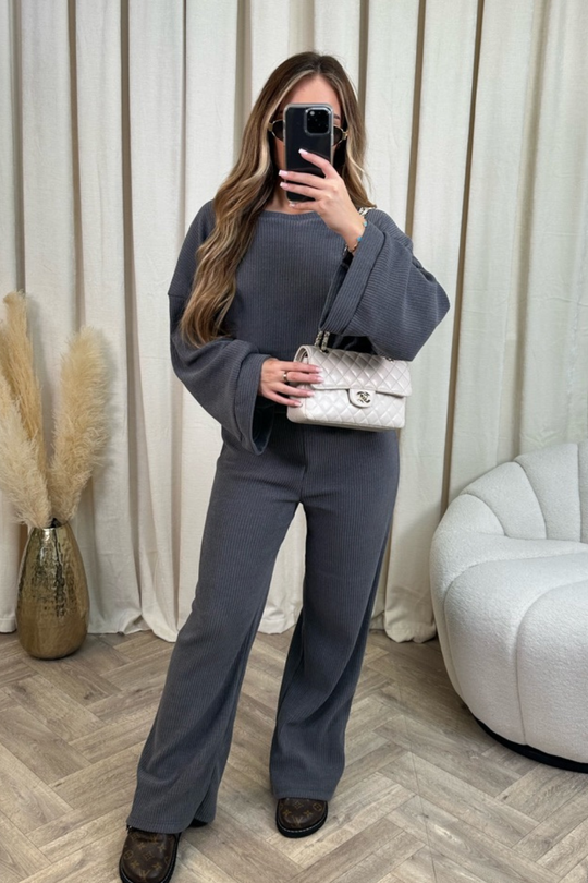 Stephanie grey ribbed loungewear set