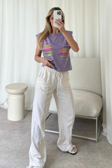 Zigzag bra printed lilac shoulder pad t-shirt