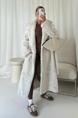 Zhuri white belted long faux fur coat