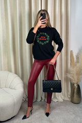 Christmas wreath black embroidered sweater