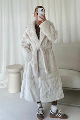 Zhuri white belted long faux fur coat