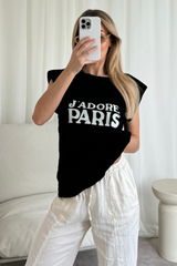 J'adore paris printed black shoulder pad t-shirt