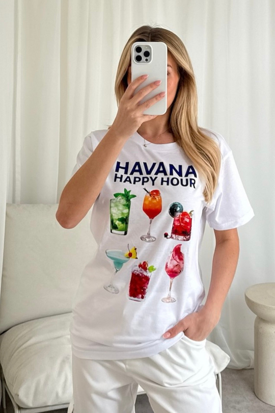 Havana happy hour printed white T-shirt