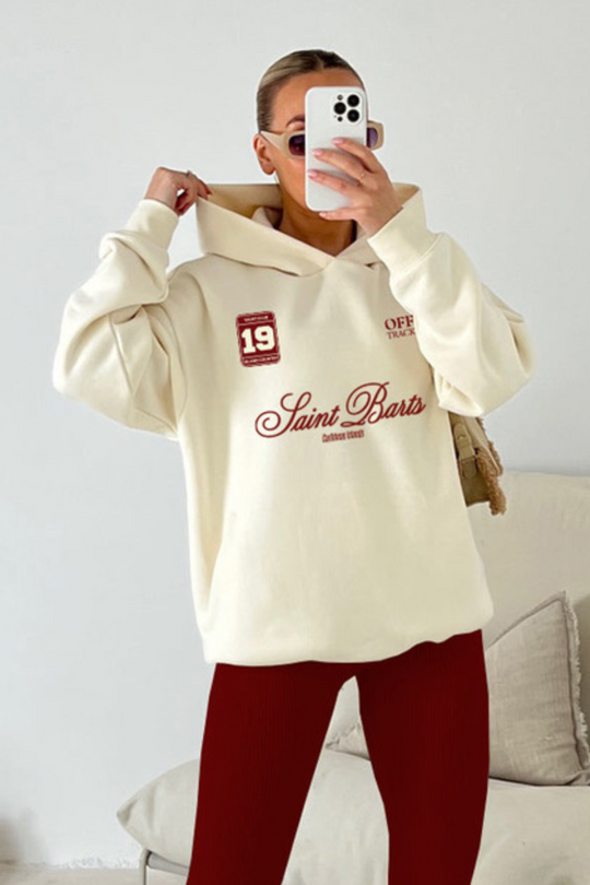Saint Barts ecru embroidered premium relaxed hoodie
