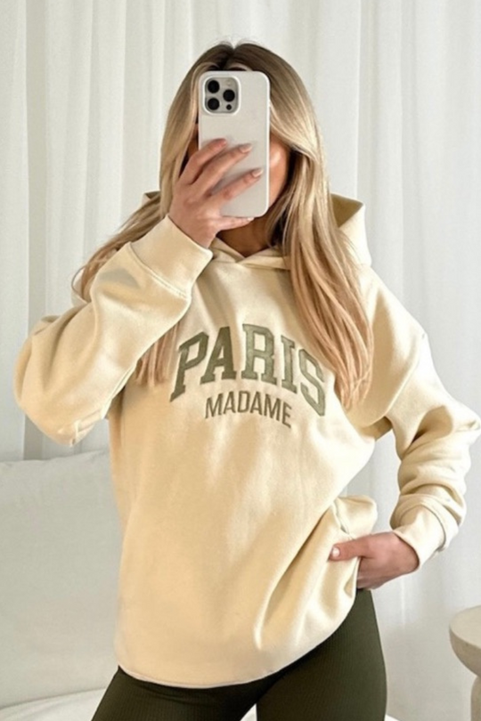 Paris madame ecru embroidered premium relaxed hoodie
