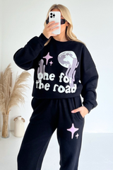One for the road black printed sweater joggers premium loungewear