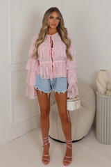 Miley pink lace layered tie front top