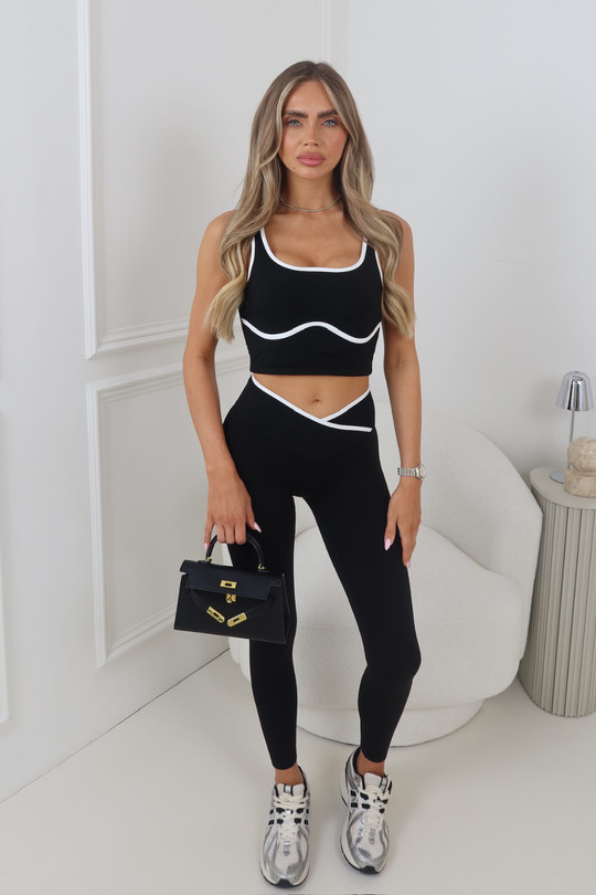 NEVE BLACK PIPING LEGGINGS & CROP ACTIVEWEAR SET