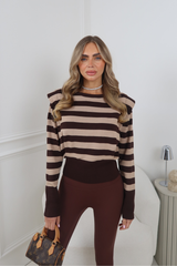 GISELLE CHOCOLATE STRIPE KNITTED JUMPER WITH SHOULDER PADS