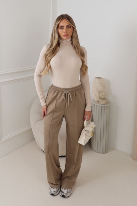 ELODIE BEIGE DIAMONTE DRAWSTRING TROUSERS