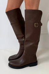 Hailey brown knee high buckle flat boots