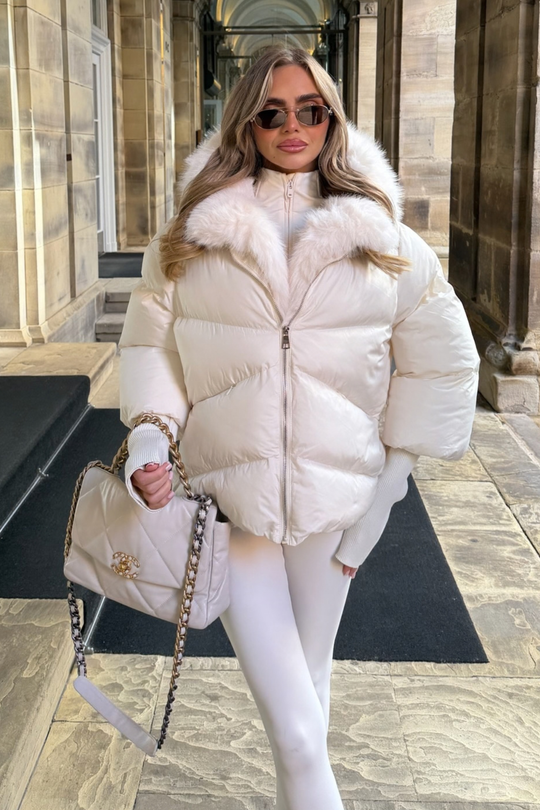 Verity cream hooded puffer coat with faux fur trim