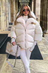 Verity cream hooded puffer coat with faux fur trim