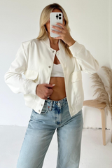 Aria White Cropped Long Sleeve Bomber Jacket