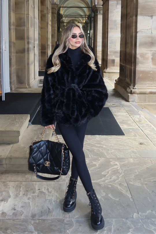 MARKIE BLACK BELTED FAUX FUR HOODED COAT