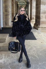 MARKIE BLACK BELTED FAUX FUR HOODED COAT