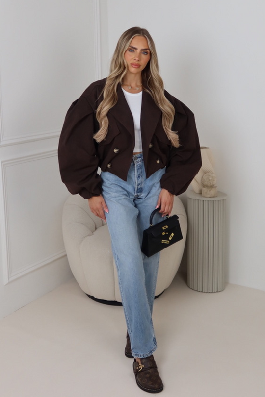 Rhi chocolate cinched waist cropped trench jacket