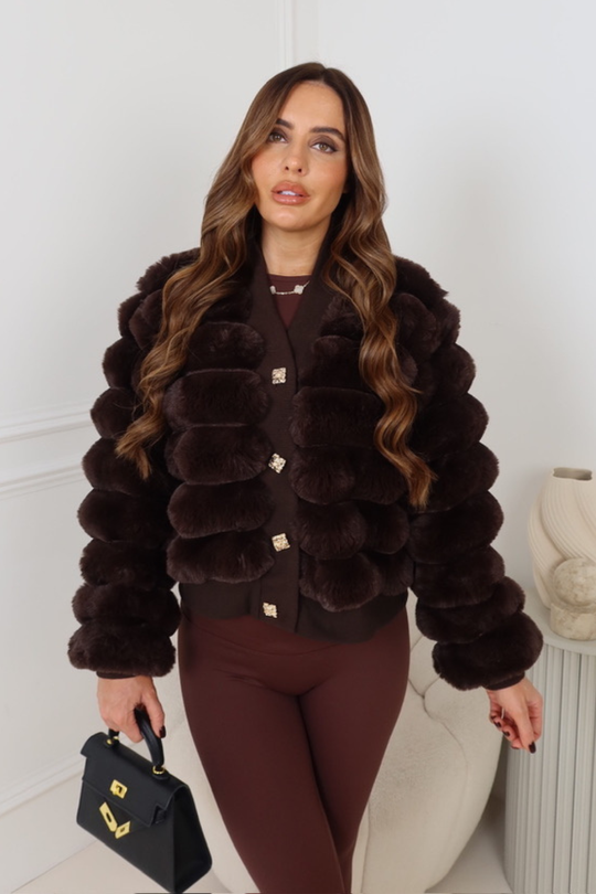 WINROW CHOCOLATE FAUX FUR GOLD BUTTONED BOMBER JACKET