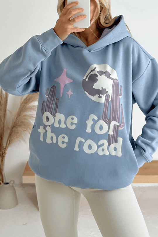 One for the road baby blue printed hoodie