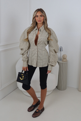 MABEL BEIGE CHECK CINCH WAIST BUTTON UP SHIRT
