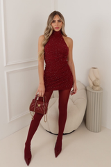 LUCY BURGUNDY DIAMANTE TIE HALTER NECK RUCHED DRESS
