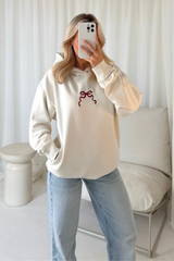 Bow printed ecru hoodie