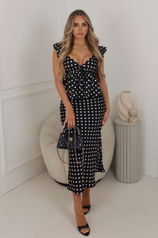 Amy black polka dot satin skirt