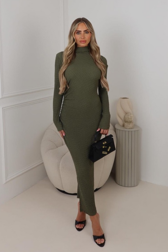 Nola khaki crinkle jersey midi dress