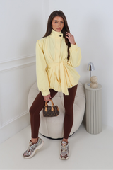 LUCINDER YELLOW BELTED PUFF SLEEVE HIGH NECK JACKET
