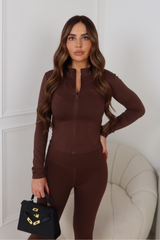 GEGE CARLY CHOCOLATE EMBROIDERED ZIP JACKET AND LEGGINGS