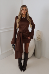 ANSLEY CHOCOLATE FAUX SUEDE LONG SLEEVE TIE FRONT DRESS