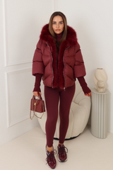 Verity burgundy hooded puffer coat with faux fur trim