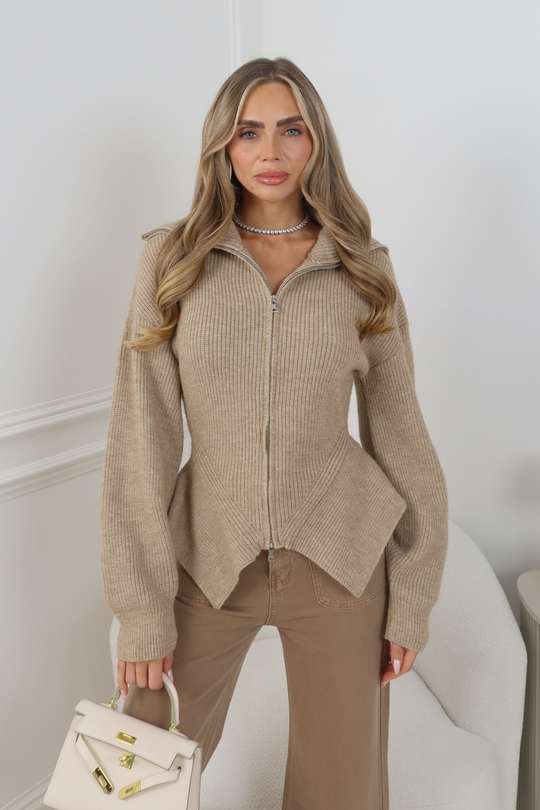 LUMI BEIGE KNITTED ZIP UP PEPLUM CARDIGAN