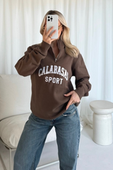 Calabasas mocha embroidered 3/4 zip sweater