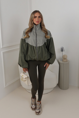 LILLIE KHAKI GREEN BALLOON SLEEVE CHECK JACKET
