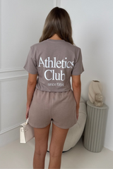 Athletics club mocha & white printed t-shirt and mocha shorts co-ord