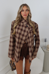 ZARIA BROWN CHECK HIGH NECK SHOULDER PADDED BLAZER