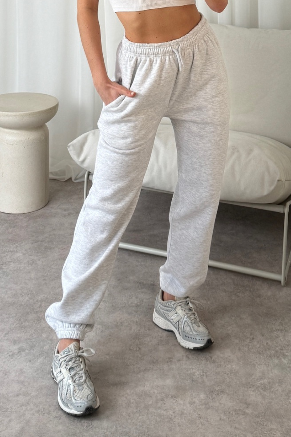Grey joggers white top sale