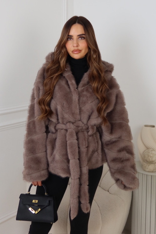 MARKIE TAUPE BELTED FAUX FUR HOODED COAT
