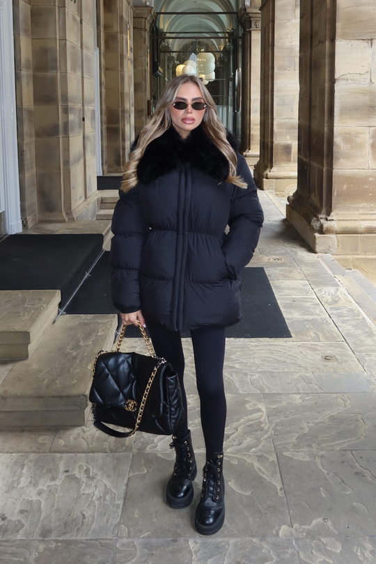 Lilith Black Faux Fur Trim Puffer Jacket