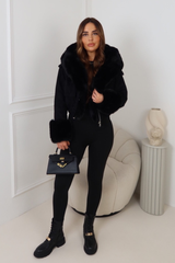 SILAS BLACK FAUX SUEDE CROPPED FAUX FUR CUFF & HOODED JACKET