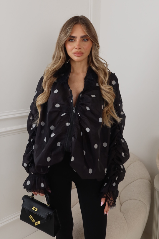 PIPPA BLACK POLKA DOT  LACE HOODED BOMBER JACKET