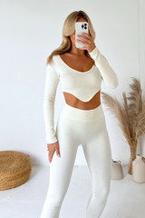 Mia cream ribbed crop leggings activewear set