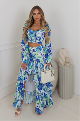 Larnie dark blue floral bardot long sleeve top & maxi skirt co ord co-ord