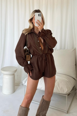 Bella chocolate frill linen playsuit