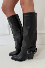 Lizzie black knee high fold over buckle heel boots