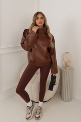 ACE CHOCOLATE FAUX LEATHER HIGH NECK JACKET